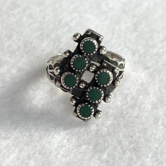 VTG Southwest Sterling Silver 925 Snake Eyes Petit Point Green Onyx Ring Sz 5.25 - Picture 12 of 16